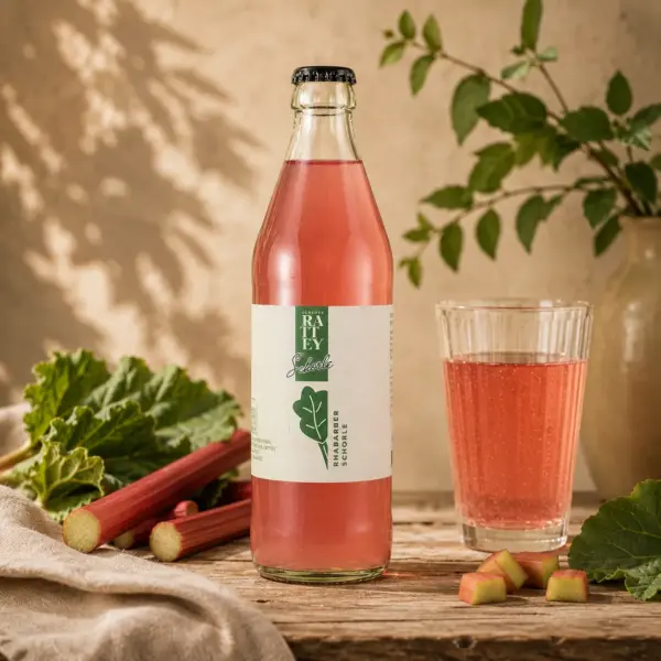 Schloss Rattey Rhabarberschorle in Glasflasche mit frischem Rhabarber und gefülltem Glas auf rustikalem Holztisch in sommerlicher Atmosphäre.