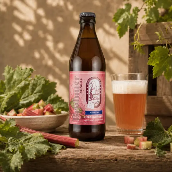 Brohmer Landbräu Mische Rhabarber alkoholfrei – Helles Bier mit Rhabarber auf rustikalem Holztisch mit frischem Rhabarber und eingeschenktem Bier.